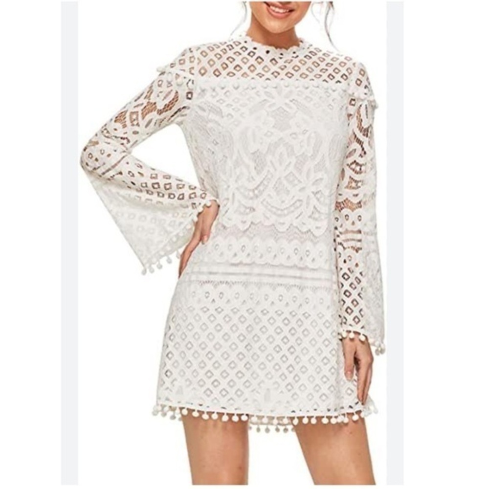 White Lace shift mini Dress with pompom ricrac details size small